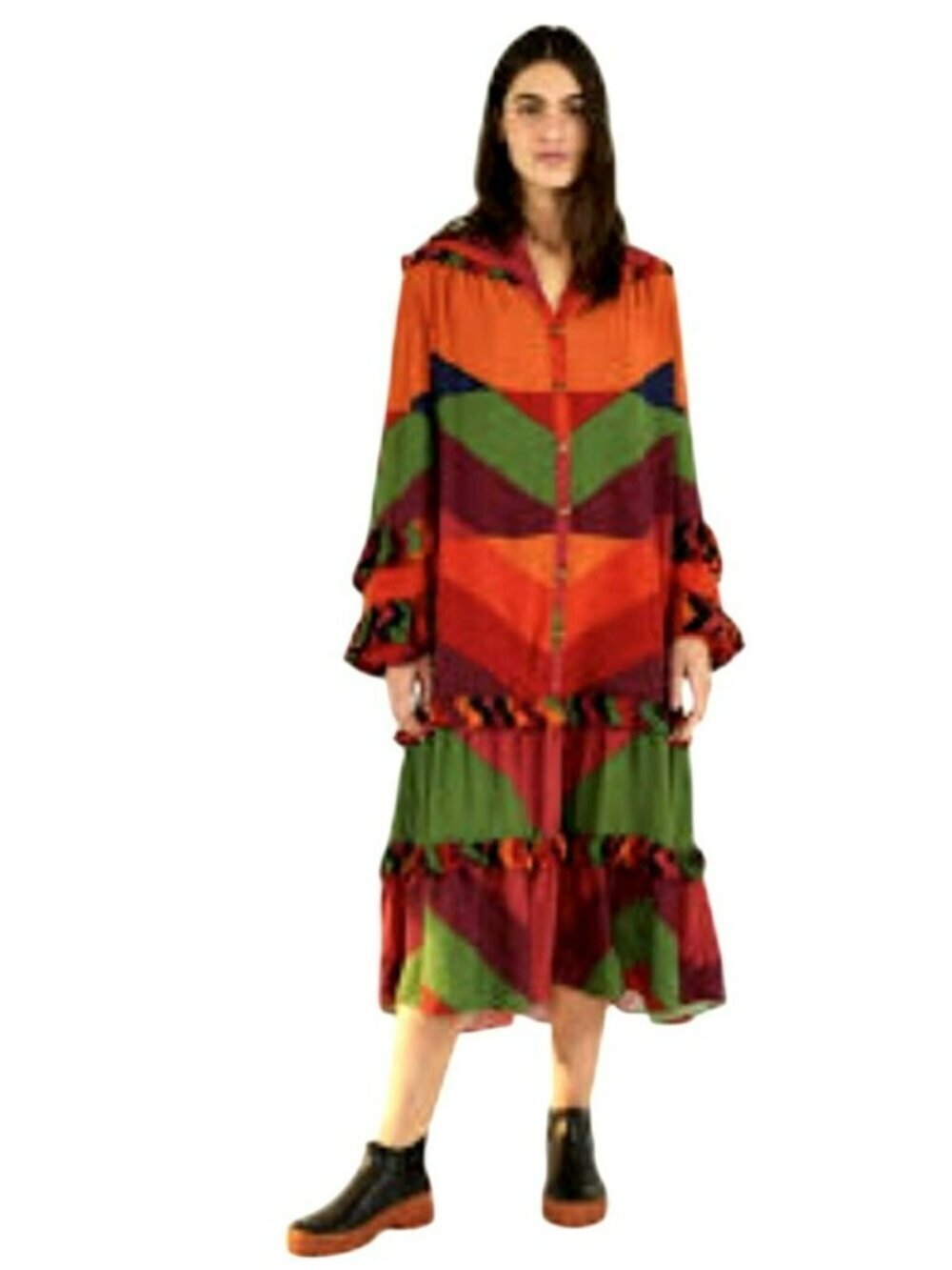 Farm Rio Juliana Stripe Ruffle Shift Midi Dress Medium NEW